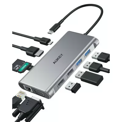 AUKEY CB-C89 aluminiowy HUB USB-C | 10w1 | RJ45 Ethernet 10/100/1000Mbps | 4xUSB | HDMI 4k@30Hz | SD i microSD | USB-C Power Delivery 100W