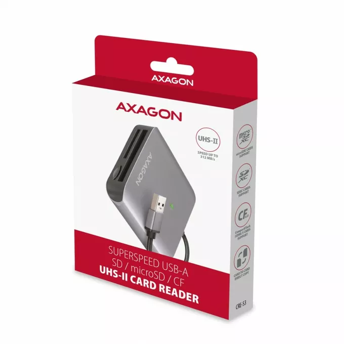 AXAGON Zewnętrzny czytnik kart CRE-S3, USB-A 3. 2 GEN 1, 3-slot lun SD/microSD/CF, obsługa UHS-II
