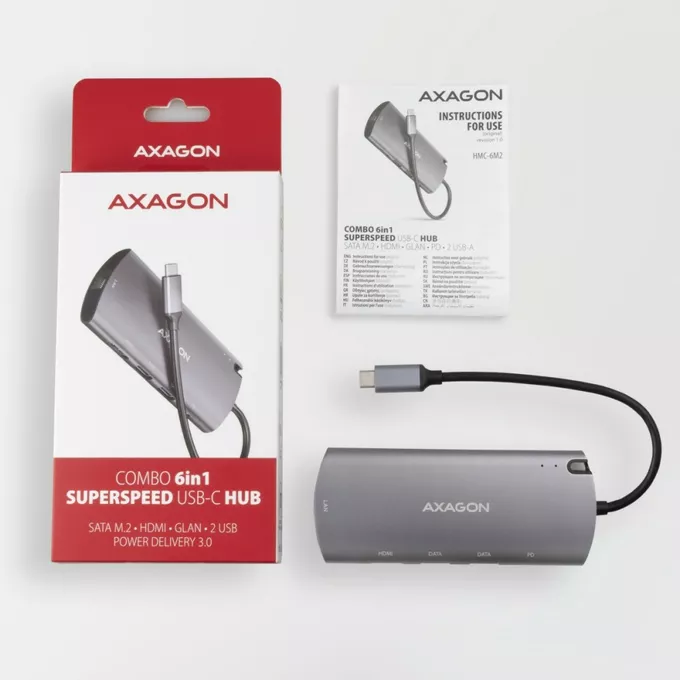 AXAGON Karta sieciowa HMC-6M2 USB-C 3.2 Gen 1 hub w. M.2 SATA + HDMI + GLAN + 2x USB-A + PD 100W