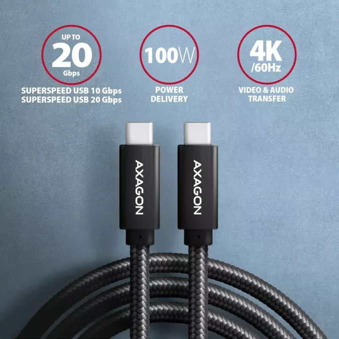 AXAGON Kabel (USB-C - USB-C) BUCM32-CM10A 3.2 Gen 2, 1m, PD 100W, 5A, 4K HD, ALU, oplot, czarny