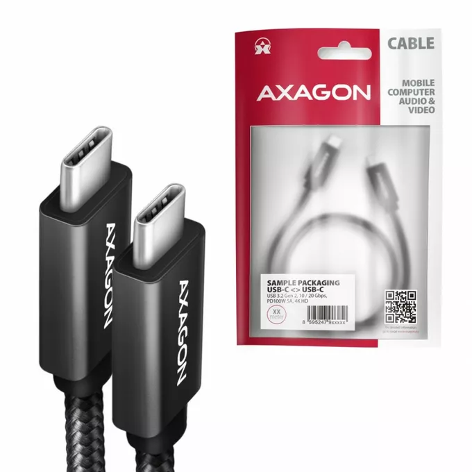 AXAGON Kabel (USB-C - USB-C) BUCM32-CM10A 3.2 Gen 2, 1m, PD 100W, 5A, 4K HD, ALU, oplot, czarny