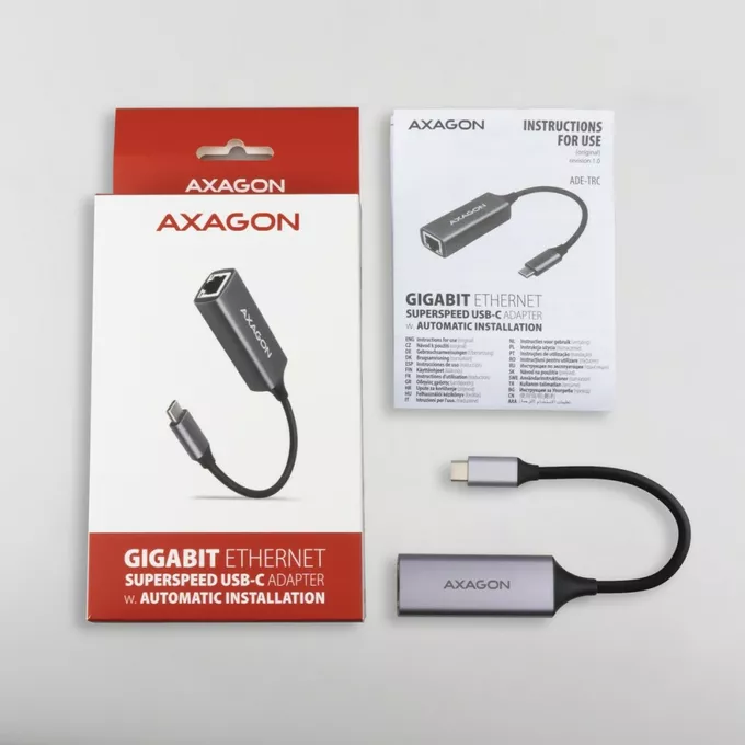 AXAGON Karta sieciowa Gigabit Ethernet adapter ADE-TRC, USB-C 3.2 Gen 1, instalacja automatyczna, metal, titan grey