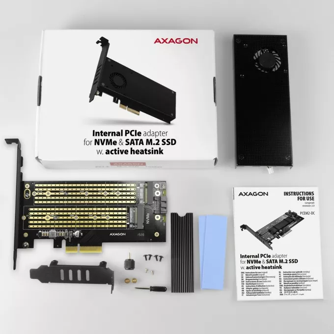 AXAGON Adapter wewnętrzny PCIe x4 M.2 NVMe M-key + SATAB-key slot, chłodnica, LP, PCEM2-DC