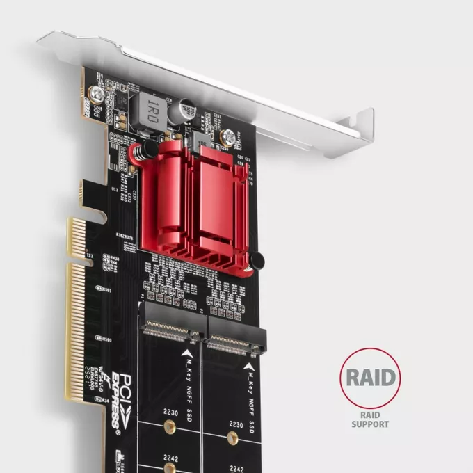 AXAGON Karta rozszerzeń PCEM2-ND, PCIe x 8 kontroler 2x slot M.2 NVMe M-key RAID wsparcie dla płyt bez bifurkacji, w zestawie LP