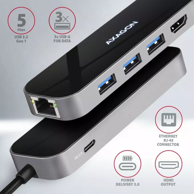AXAGON Karta sieciowa HMC-6GL 3x USB-A, HDMI, RJ-45, USB 3.2 Gen 1 hub, PD 100W 20cm USB-C kabel