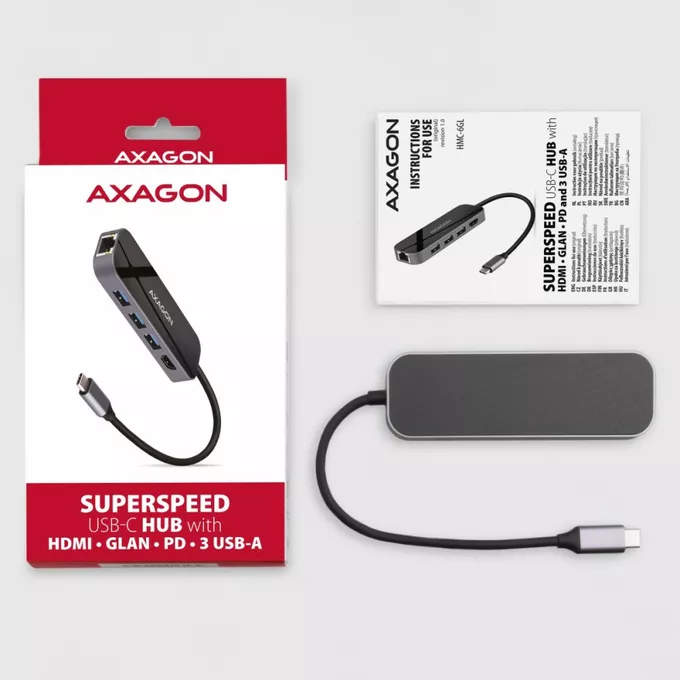 AXAGON Karta sieciowa HMC-6GL 3x USB-A, HDMI, RJ-45, USB 3.2 Gen 1 hub, PD 100W 20cm USB-C kabel