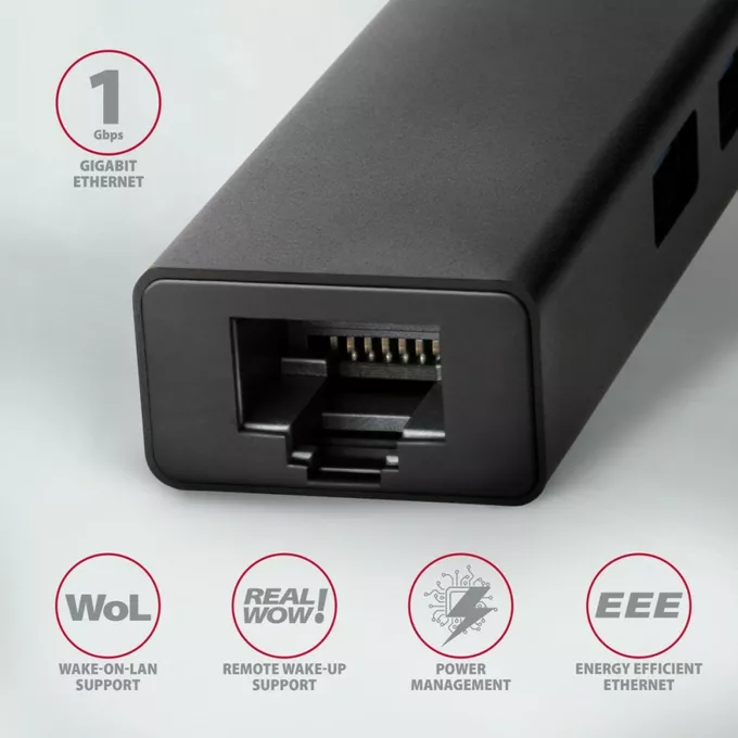 AXAGON Karta sieciowa, hub metalowy HMC-GL3A 3x USB-A + GLAN, USB 3.2 Gen 1, 20 cm USB-C kabel