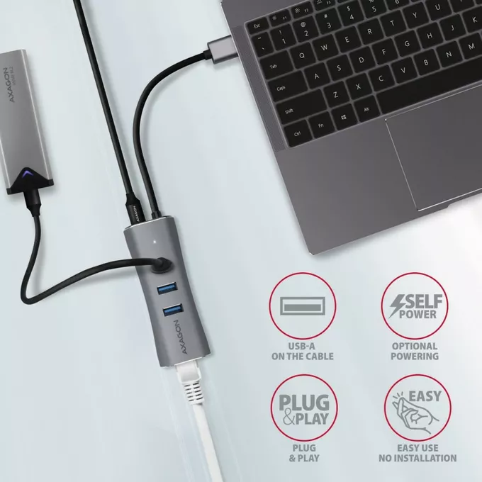 AXAGON Karta sieciowa HMA-GL3AP 3x USB-A + GLAN, USB3.2 Gen 1 hub, metalowy, micro USB power, 20cm USB-A kabel