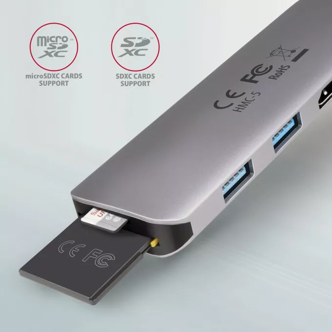 AXAGON Wieloportowy hub HMC-5 2x USB-A, HDMI, SD/microSD, USB 3.2 Gen 1, PD 100W, 20cm USB-C kabel