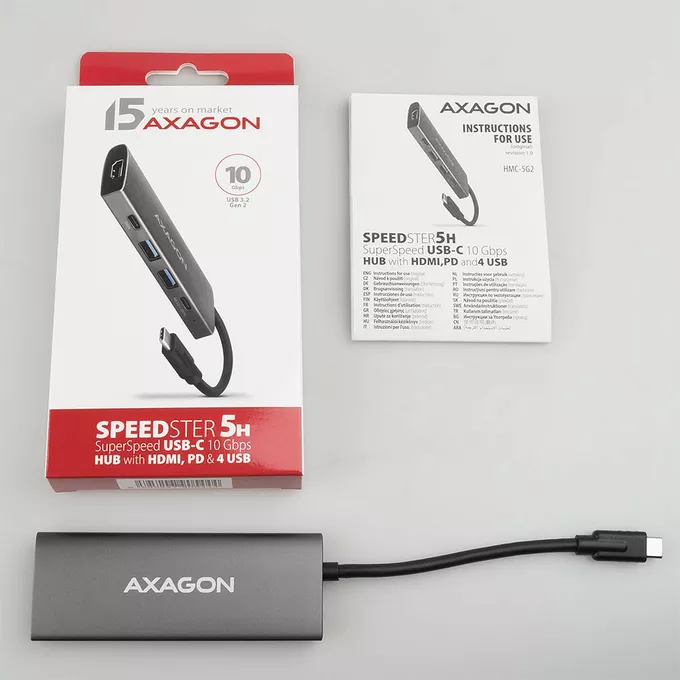 AXAGON Wieloportowy hub szerokopasmowy HMC-5G2 2x USB-A + 2x USB-C + HDMI, USB-C 3.2 Gen 2 10Gbps, PD 60W, 13cm USB-C kabel