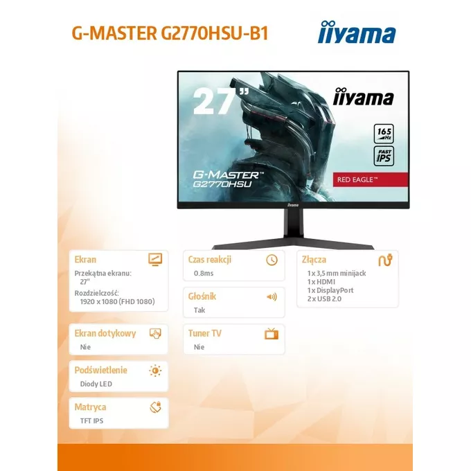 IIYAMA Monitor G2770HSU-B1 27cali 0.8ms(MPRT), IPS, DP, HDMI, 165Hz, USBx2 + Głośnik bezprzewodowy Muvo Play Creative czarny