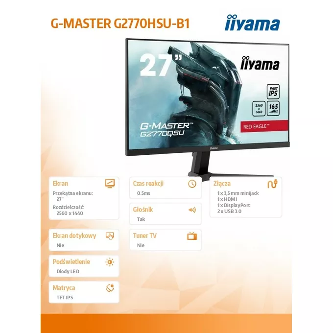 IIYAMA Monitor G2770QSU-B1 27cali 0.8ms(MPRT), IPS, DP, HDMI, 165Hz, USBx2 + Soundbar Stage AIR V2 Creative