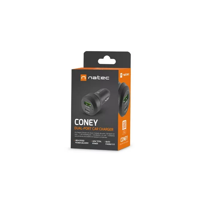 Natec Ładowarka samochodowa Coney 1x USB 1x USB-C QC 3.0 48W Czarna