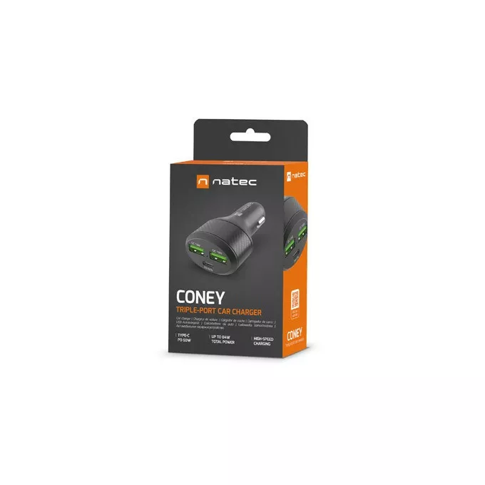 Natec Ładowarka samochodowa Coney 2x USB 1x USB-C QC 3.0 Power Delivery 84W Czarna