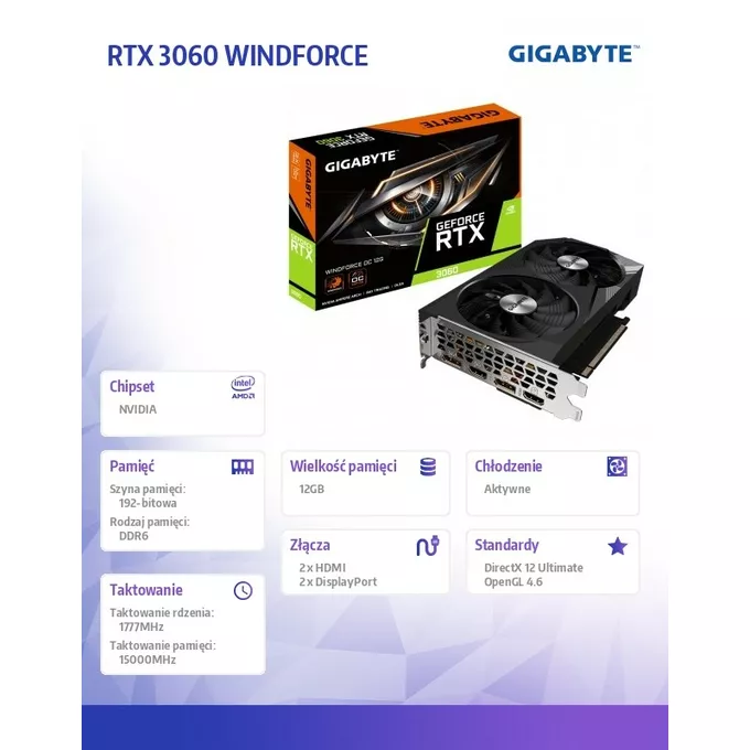 Gigabyte Karta graficzna GeForce RTX 3060 WINDFORCE OC 12GB GDDR6 192bit 2DP/2HDMI