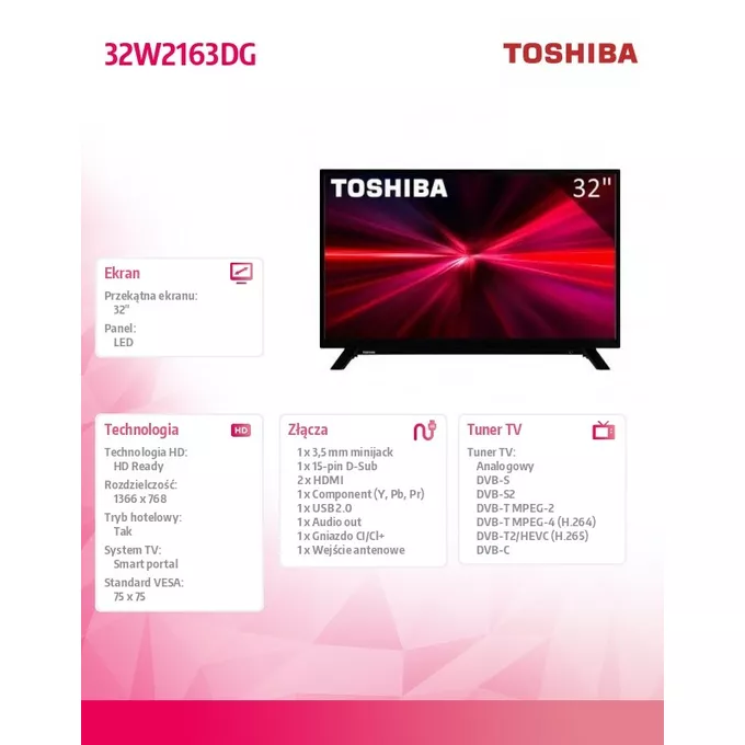 Toshiba Telewizor LED 32 cale 32W2163DG