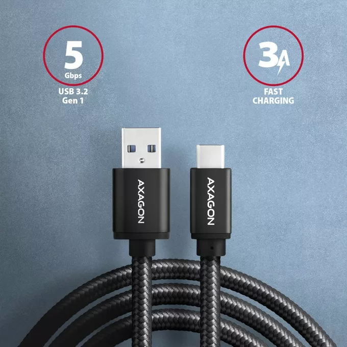 AXAGON BUCM3-AM15AB Kabel USB-C - USB-A, 1.5m, USB 3.2 Gen 1 3A, ALU, oplot, czarny