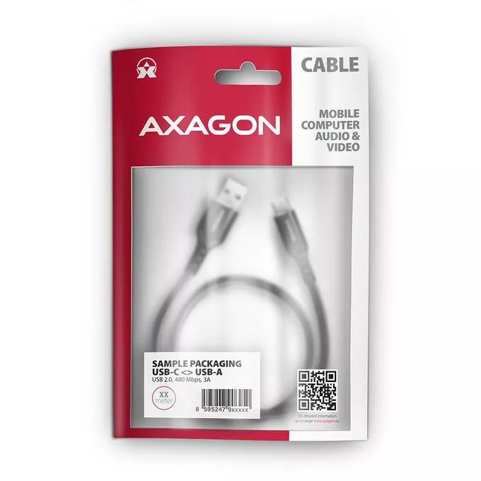AXAGON BUCM-AM10AB Kabel USB-C  USB-A, 1.0m USB 2.0, 3A, ALU, oplot Czarny