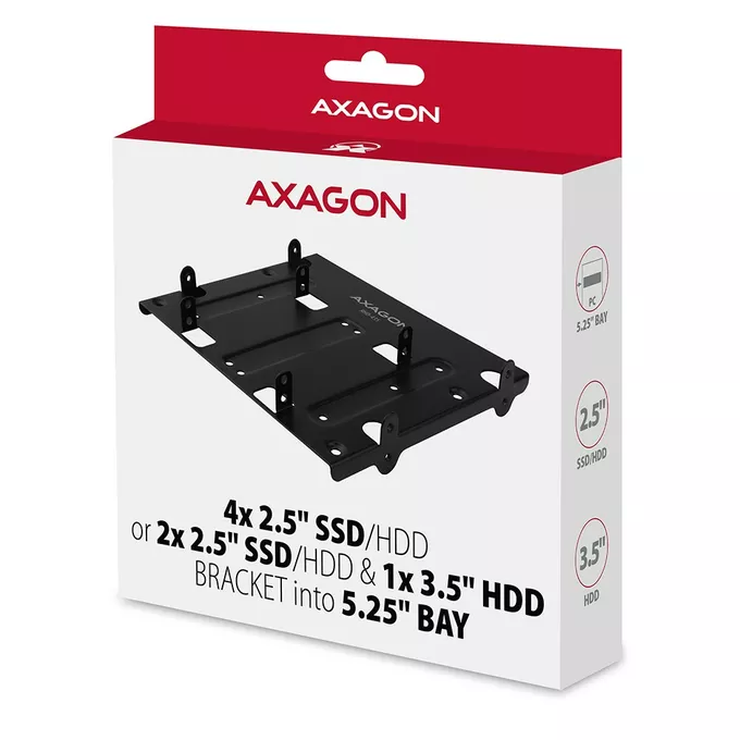 AXAGON RHD-435 Ramka metalowa do montażu 4x 2.5&quot; HDD (2x 2.5&quot; HDD/SSD &amp; 1x 3.5&quot; HDD) w pozycji 5.25&quot; Czarna