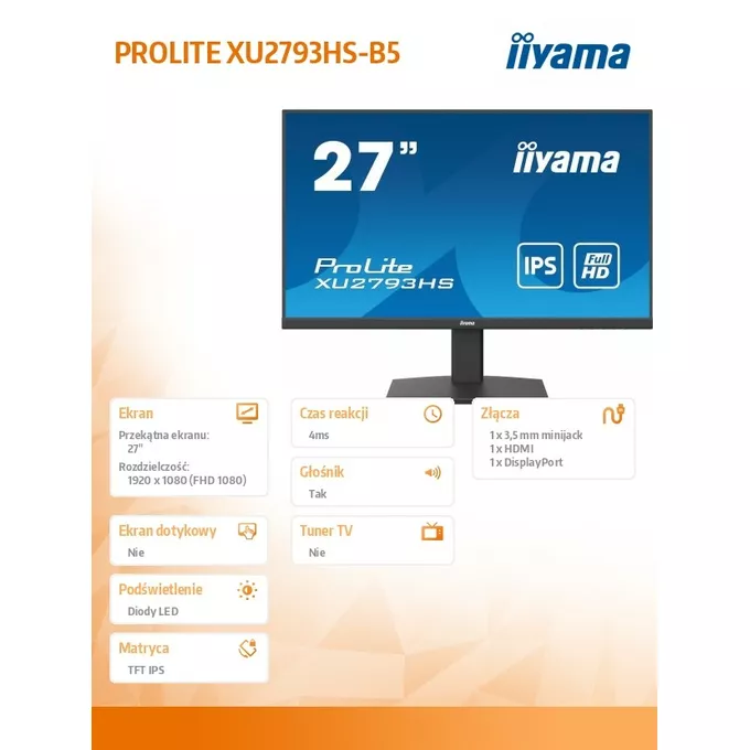 IIYAMA Monitor 27 cali XU2793HS-B5 IPS,HDMI,DP,ACR,2x2W,SLIM,FreeSync