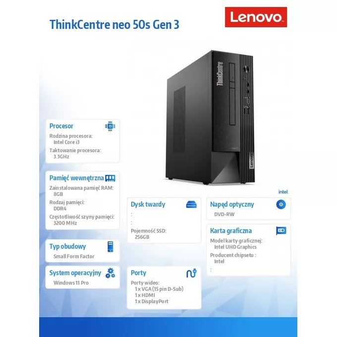 Lenovo Komputer ThinkCentre Neo 50s SFF 11T000F3PB W11Pro i3-12100/8GB/256GB/INT/DVD/3YRS OS