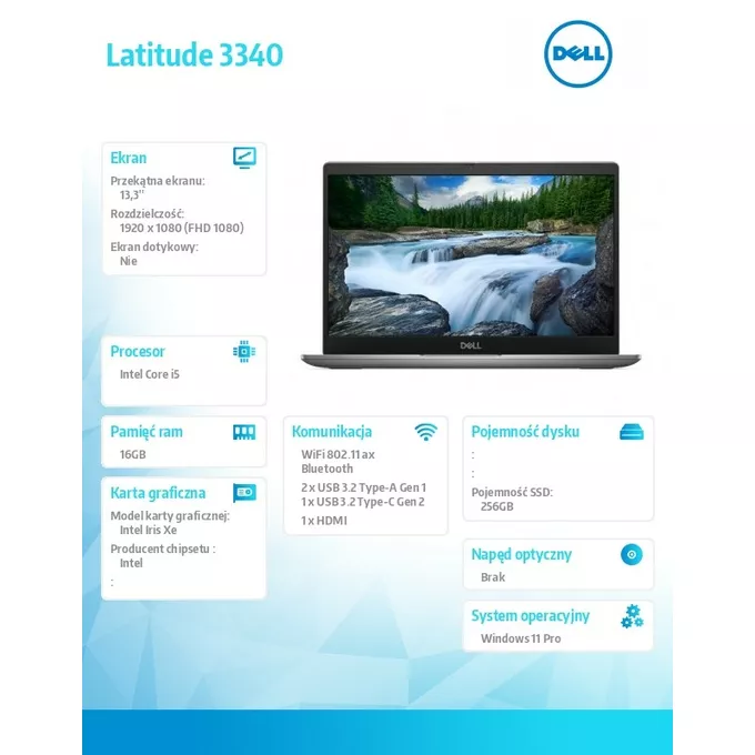 Dell Notebook Latitude 3340 Win11Pro i5-1345U/16GB/256GB SSD/13.3 FHD/Intel Iris Xe/FgrPr/FHD Cam/Mic/WLAN + BT/Backlit Kb/3 Cell/3YPS