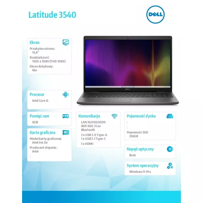 Dell Notebook Latitude 3540 Win11Pro i5-1345U/256/8/PINT/FHD