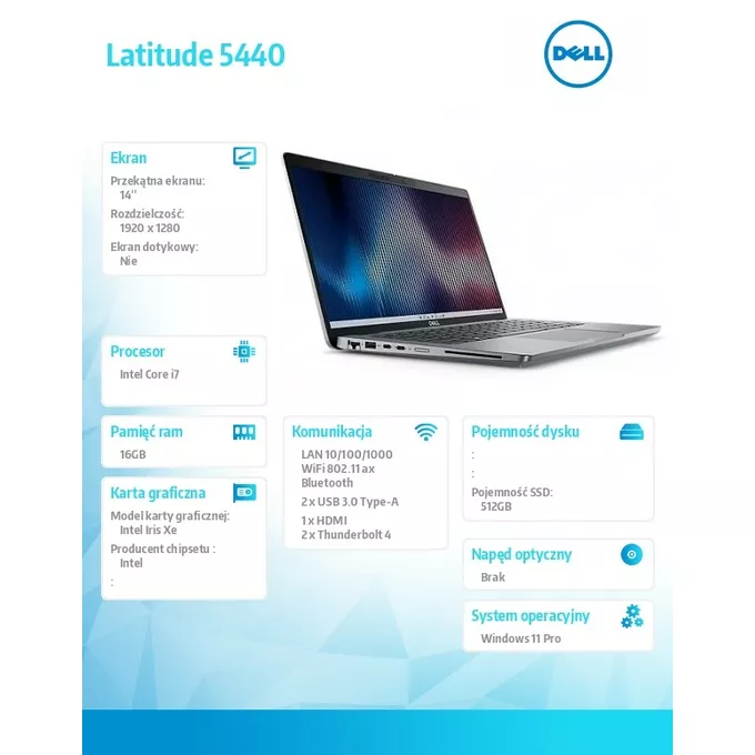Dell Notebook Latitude 5440/Core i7-1355U/16GB/512GB SSD/14.0 FHD/Integrated/FgrPr &amp; SmtCd/FHD/IR Cam/Mic/WLAN + BT/Backlit Kb/3 Cell/W11Pro