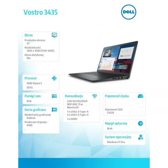 Dell Notebook Vostro 3435 Win11Pro Ryzen 5 7530U/8GB/512GB SSD/14.0 FHD/AMD Radeon/FgrPr/Cam &amp; Mic/WLAN + BT/Backlit Kb/3 Cell/3Y ProSupport