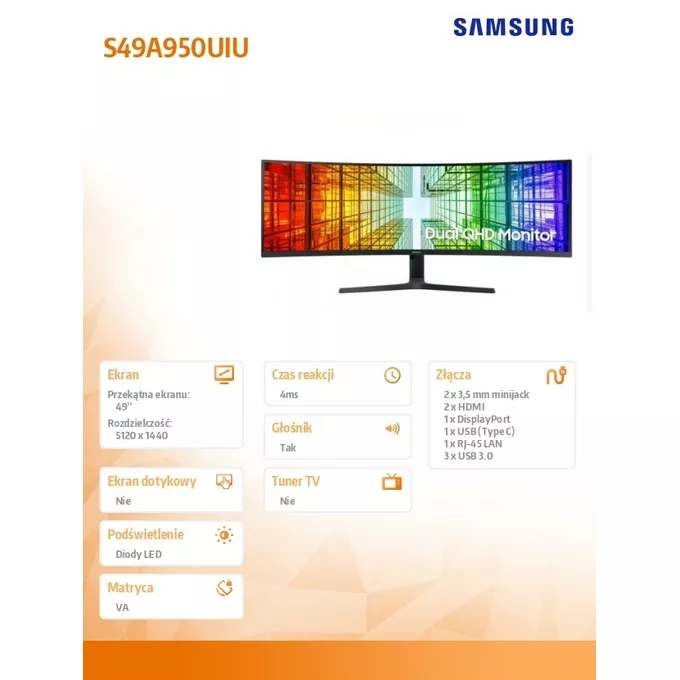 Samsung Monitor 49 cali LS49A950UIPXEN VA 5120x1440 DQHD 32:9 2xHDMI 1xUSB-C (90W) 1xDP 3xUSB 3.0 LAN (RJ45) 4ms HAS głośniki zakrzywiony 3 lata on-site