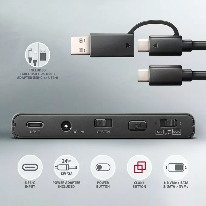 AXAGON Adapter ADSA-CC USB-C 10Gbps NVMe M.2 2.5/3.5 SSD&amp;HDD Clone Master 2