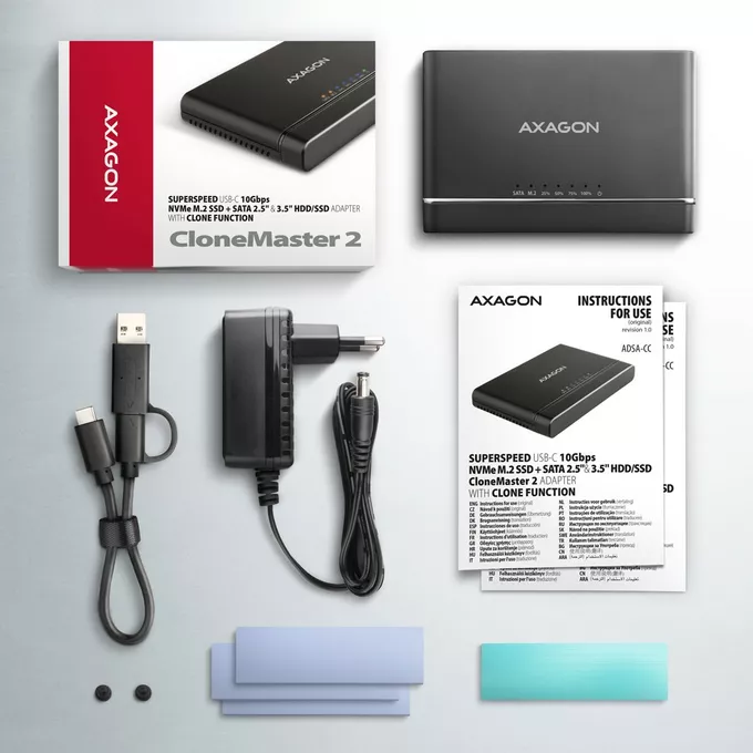 AXAGON Adapter ADSA-CC USB-C 10Gbps NVMe M.2 2.5/3.5 SSD&amp;HDD Clone Master 2