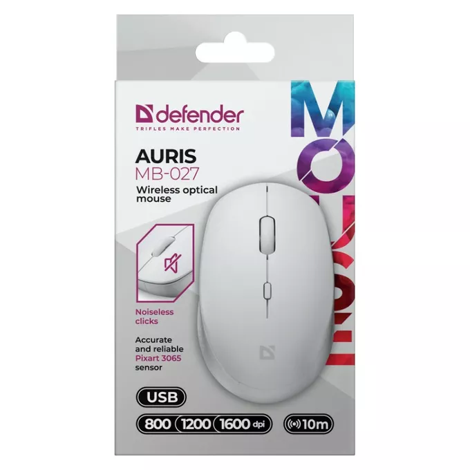 Defender Mysz bezprzewodowa silent click AURIS MB-027 800/1200/1600 DPI Biała