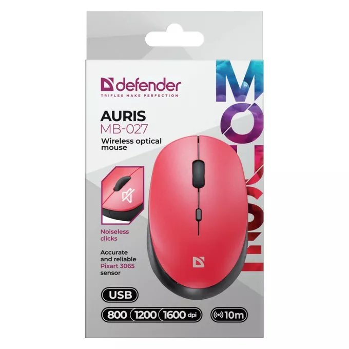Defender Mysz bezprzewodowa silent click AURIS MB-027 800/1200/1600 DPI Czerwona