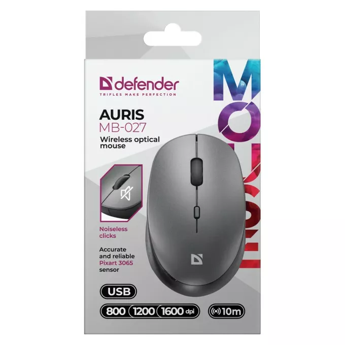 Defender Mysz bezprzewodowa silent click AURIS MB-027 800/1200/1600DPI Szara