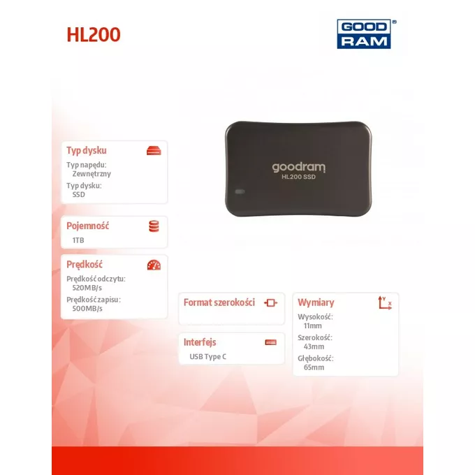 GOODRAM Dysk SSD HL200 1TB USB-C 3.2 Gen2