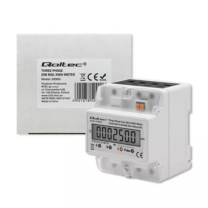 Qoltec Trójfazowy elektroniczny licznik | miernik zużycia energii na szynę DIN | 230V | LCD | 4P