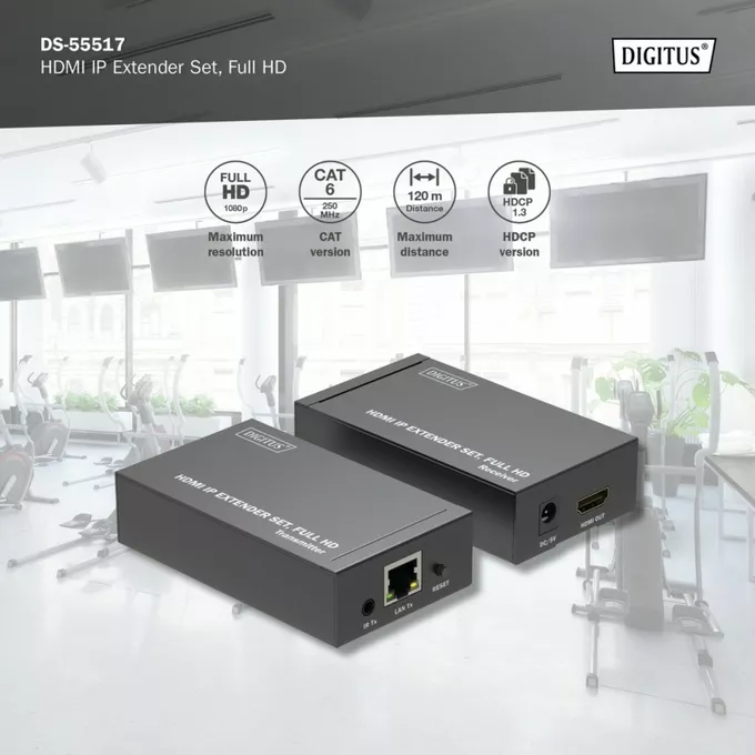 Digitus Przedłużacz/Extender HDMI 1080p 60Hz 120m po skrętce Cat.6/6A/7/8 HDCP 1.3 IR, zestaw
