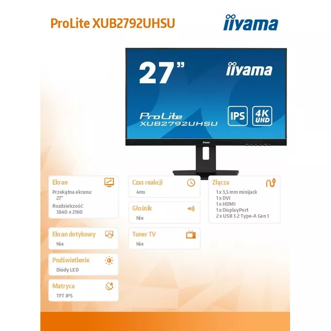 IIYAMA Monitor 27 cali  XUB2792UHSU-B5 4K,IPS,DVI,DP,HDMI,PIP,250cd,USB3.0