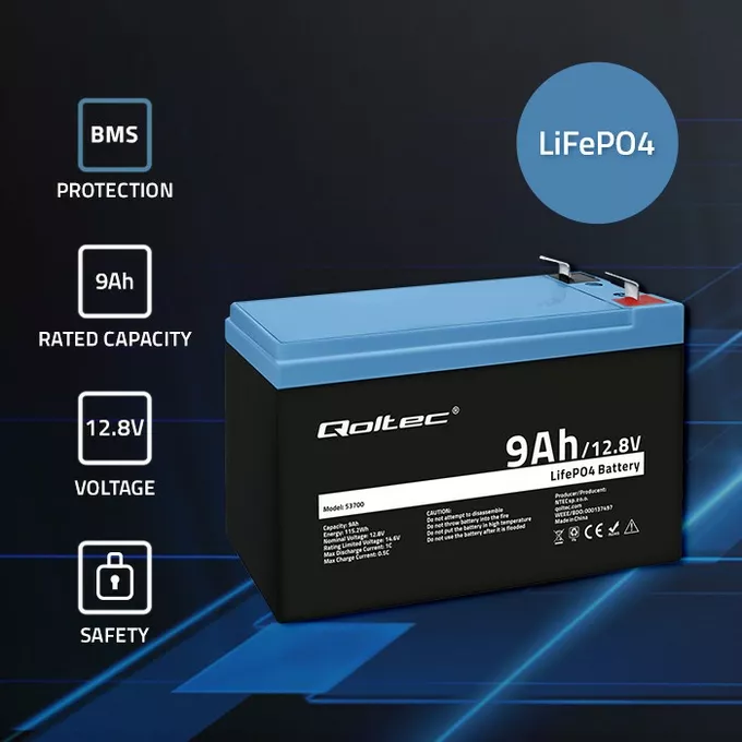 Qoltec Akumulator LiFePO4 Litowo-Żelazowo-Fforanowy | 12.8V | 9Ah |     115.2Wh | BMS