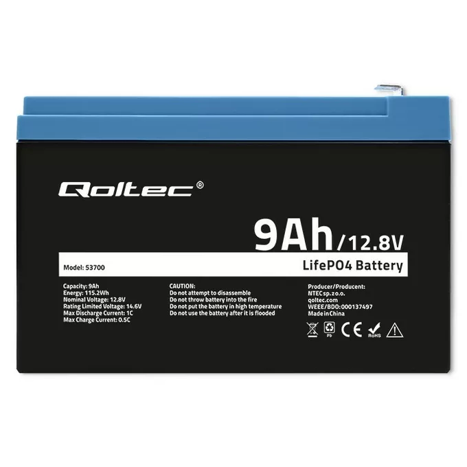 Qoltec Akumulator LiFePO4 Litowo-Żelazowo-Fforanowy | 12.8V | 9Ah |     115.2Wh | BMS