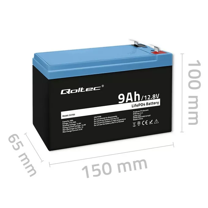 Qoltec Akumulator LiFePO4 Litowo-Żelazowo-Fforanowy | 12.8V | 9Ah |     115.2Wh | BMS