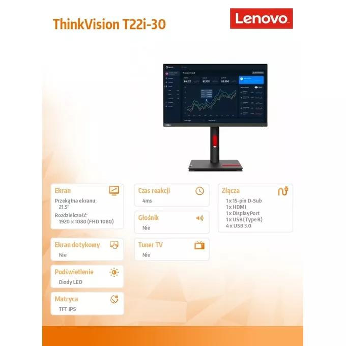 Lenovo Monitor 21.5 cala ThinkVision T22i-30 WLED LCD 63B0MAT6EU