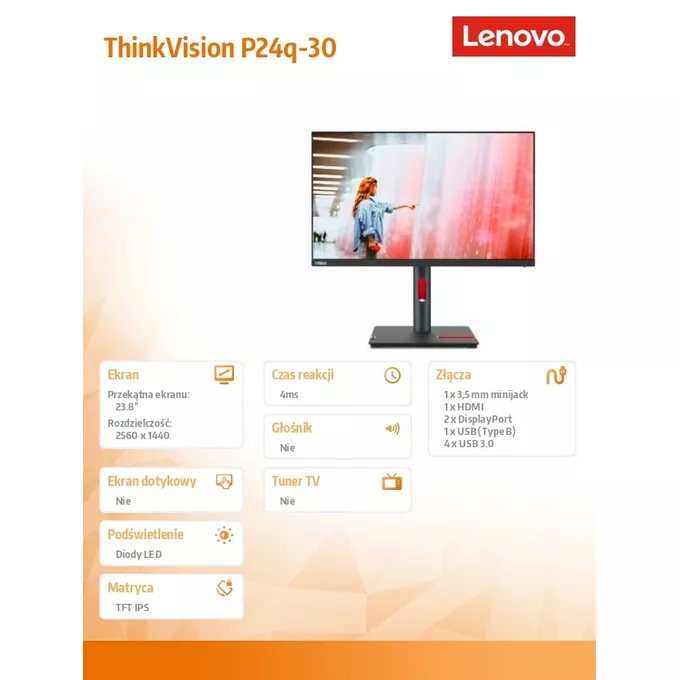 Lenovo Monitor 23.8 cala ThinkVision P24q-30 WLED LCD 63B4GAT6EU