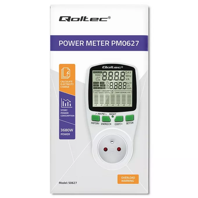 Qoltec Watomierz Licznik zużycia energii PM0627 z historią pomiaru |     3680W | 16A | LCD