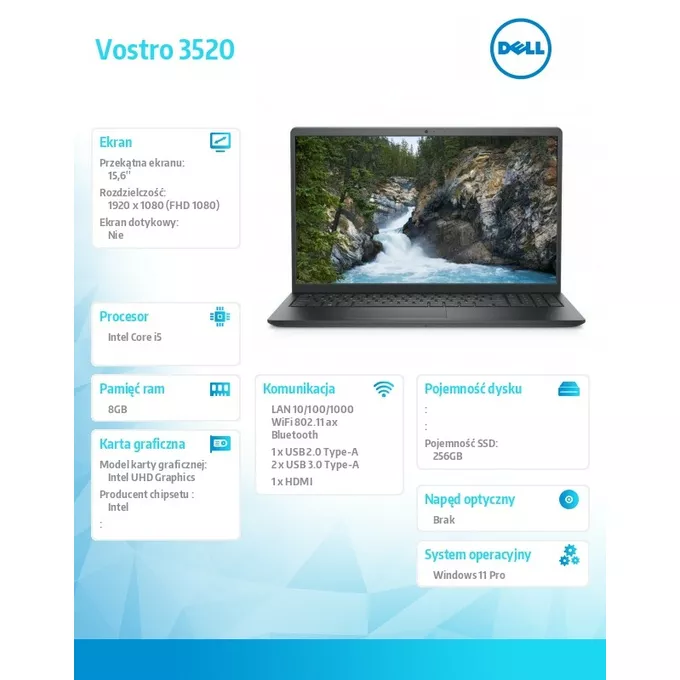 Dell Notebook Vostro 3520 Win11Pro i5-1235U/8GB/256GB SSD/15.6 FHD/Intel UHD/FgrPr/Cam &amp; Mic/WLAN + BT/Backlit Kb/3 Cell/3YPS