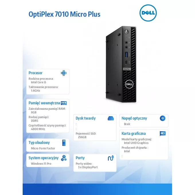 Dell Komputer Optiplex MFF Plus/Core i5-13500T/8GB/256GB SSD/Integrated/WLAN + BT/Wireless Kb &amp; Mouse/W11Pro/vPro