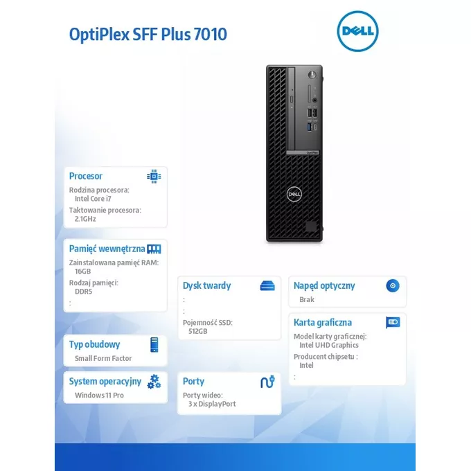 Dell Komputer Optiplex SFF Plus/Core i7-13700/16GB/512GB SSD/Integrated/No Wifi/Wireless Kb &amp; Mouse/260W/W11Pro/vPro