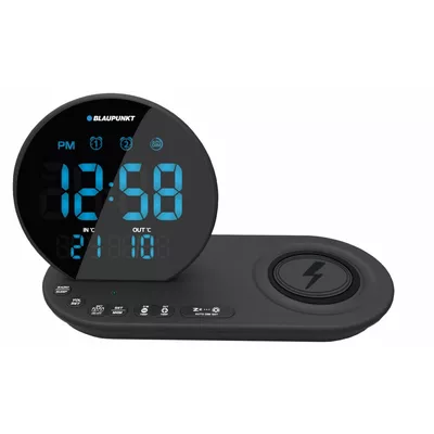 Blaupunkt Radiobudzik FM PLL/Alarm/USB/CR85BK CHARGE/Ładowanie bezprzewodowe/Temperatura wewnętrzna/zewnętrzna/czarny