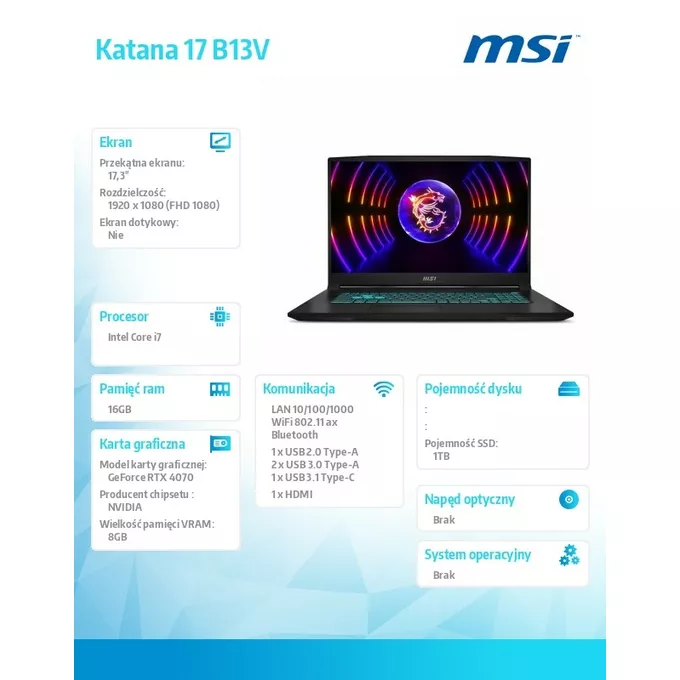MSI Notebook Katana 17 B13VGK-856XPL nOS/i7-13620H/16GB/1TB/RTX4070/17.3